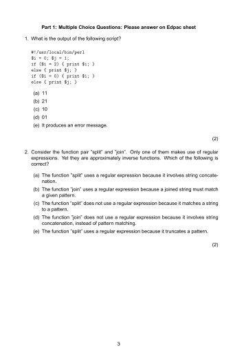 Part 1: Multiple Choice Questions: Please answer on Edpac sheet 1 ...