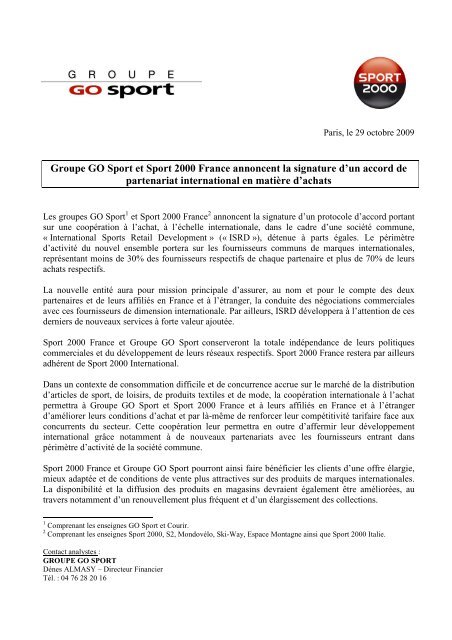 Groupe GO Sport et Sport 2000 France annoncent la signature d'un ...