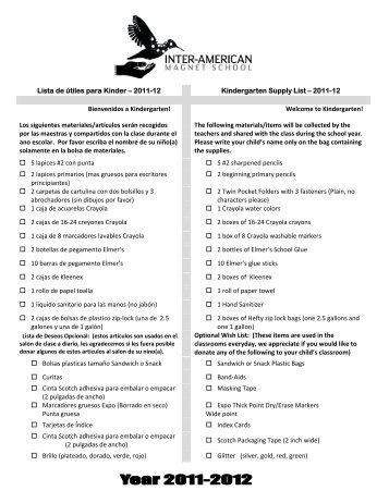 Lista de útiles para Kinder – 2011-12 Kindergarten Supply List ...