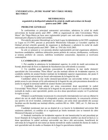 Metodologia Admiterii 2005 - Universitatea"Petru Maior"