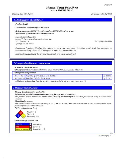 MSDS Sheet - Legacy Decorative Concrete Systems, Inc.