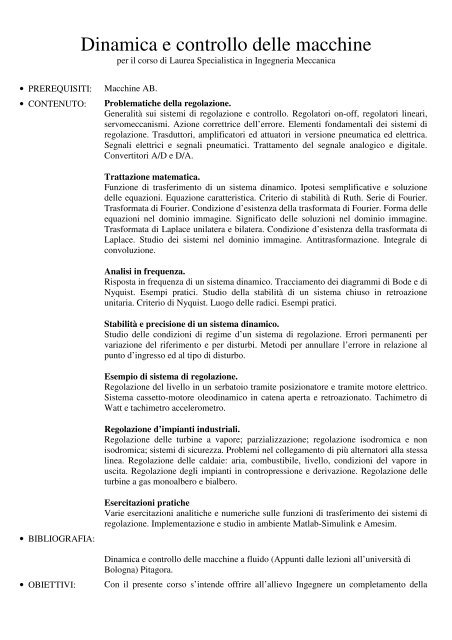 Dinamica e controllo delle macchine - Dipartimento di Ingegneria ...