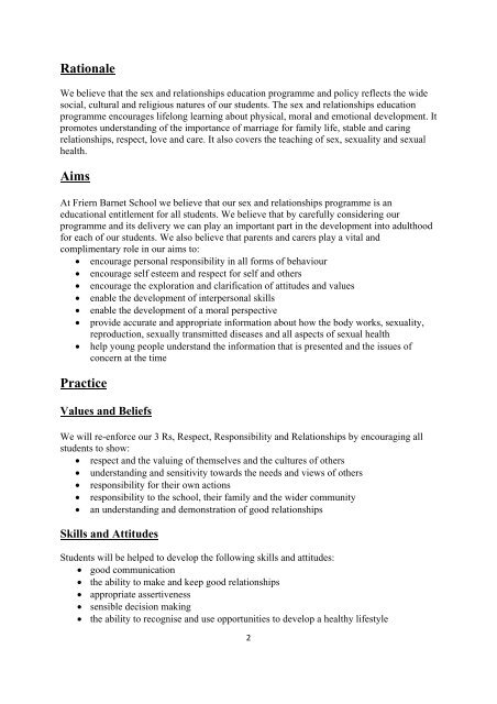 Friern Barnet School Sex and Relationships Education Policy