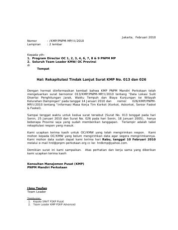 Hal: Rekapitulasi Tindak Lanjut Surat KMP No. 013 dan 026 - P2KP