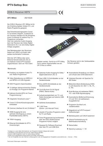 IPTV-Settop Box - DVB-C-Receiver HDTV; UFC 960sw - RFT kabel