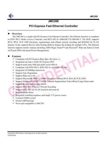 JMC260 PCI Express Fast Ethernet Controller - JMicron Technology