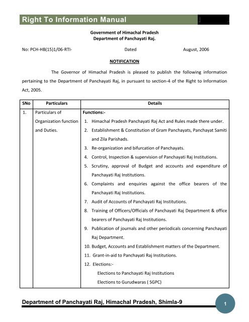 RTI Act, 2005 - Panchyati Raj Department