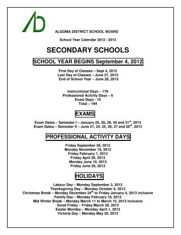 2012 / 2013 School Year Calendar Approved - Algoma District ...