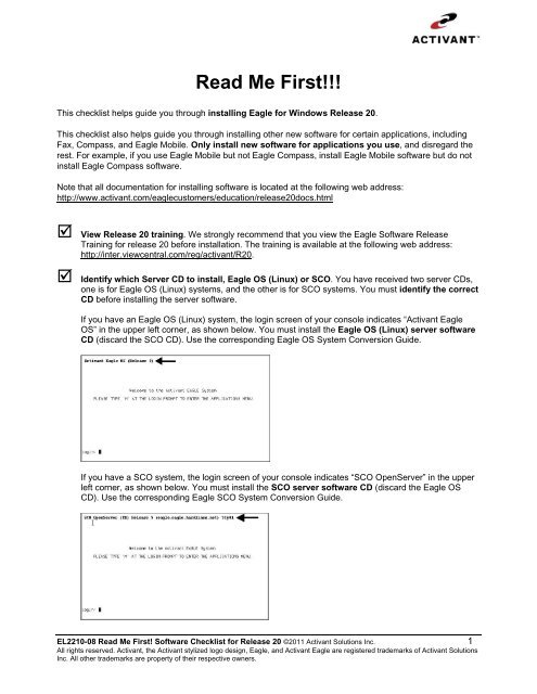 Read Me First Software Checklist - Eagle for Windows Release 20