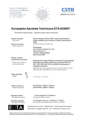 Europejska Aprobata Techniczna ETA-02/0007 - Fischer
