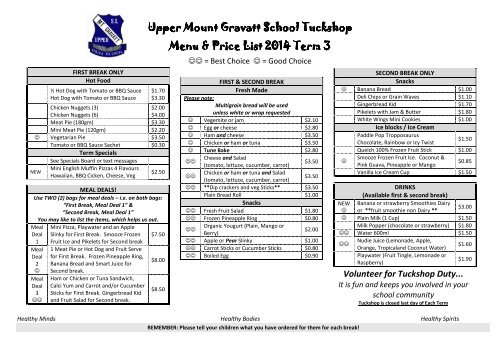 Tuckshop Menu - Upper Mount Gravatt State School