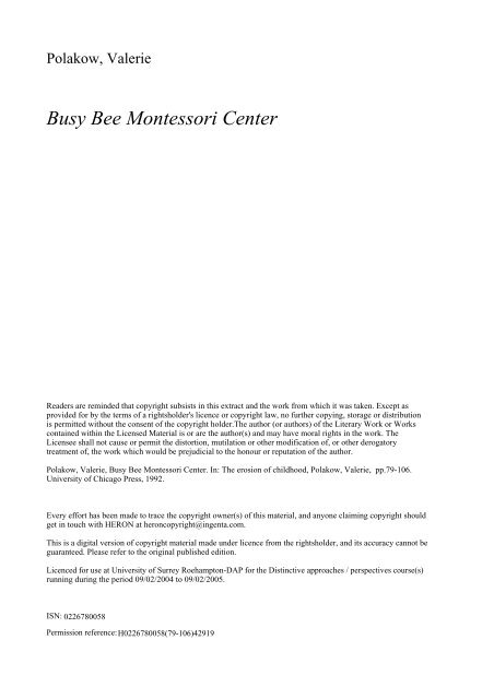 Busy Bee Montessori Center - StudentZone - Roehampton