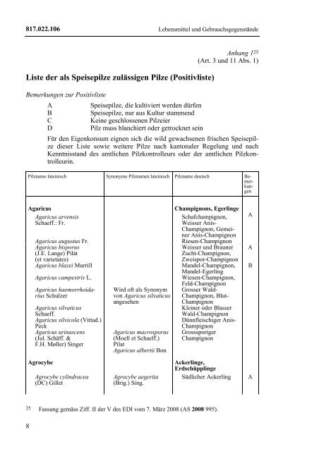 Liste der als Speisepilze zulÃ¤ssigen Pilze (Positivliste) - pilze-basel