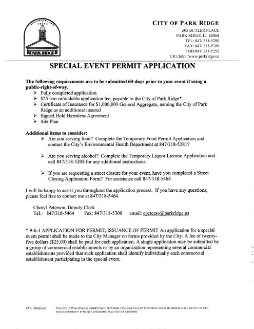 Special Event Permit Application Packet - City of Park Ridge