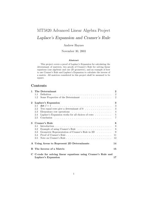 Mt50 Advanced Linear Algebra Project Laplace S Expansion And Mt50 Advanced Linear Algebra Project Laplace S Expansion And