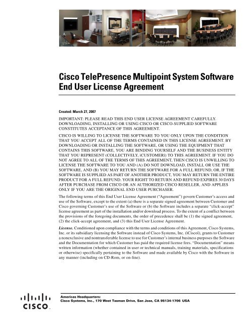 Cisco TelePresence Multipoint System Software End User License ...