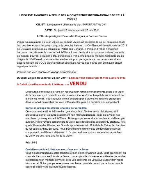 lifewave announces 2011 international conference in paris, france