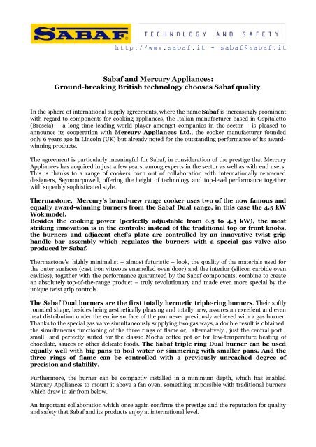 Ground-breaking British technology chooses Sabaf ... - SABAF S.p.A.