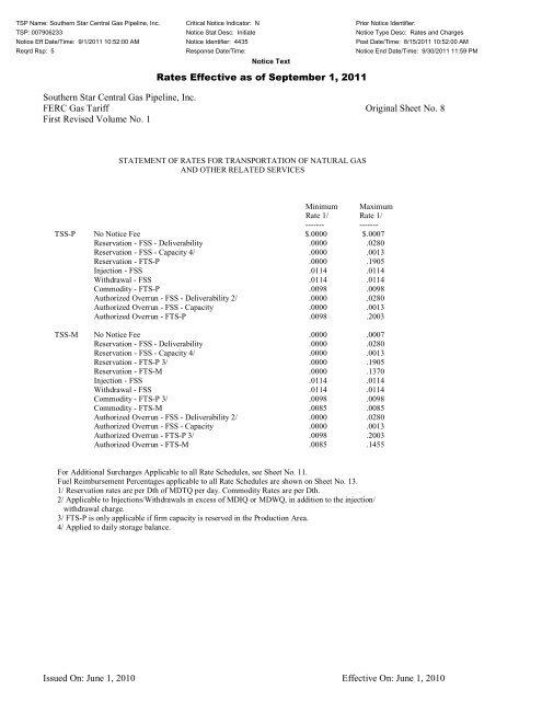 Southern Star Central Gas Pipeline, Inc. FERC Gas Tariff Original ...