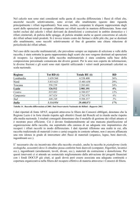 RAPPORTO SULLO STATO DELL'AMBIENTE DEL ... - Regione Lazio