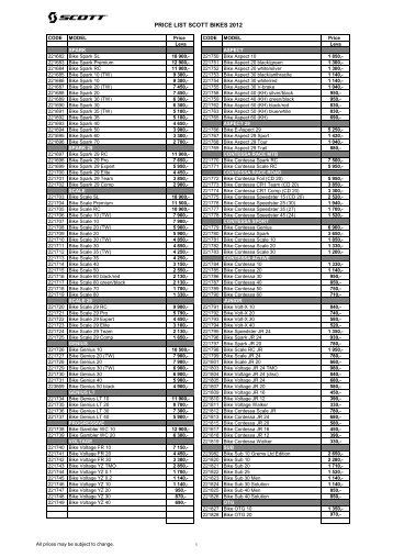 PRICE LIST SCOTT BIKES 2012