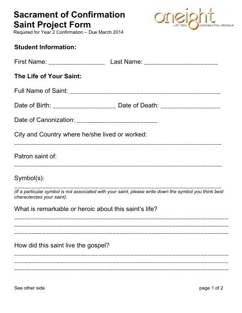 Sacrament of Confirmation Saint Project Form - St. James Parish