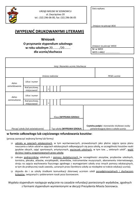 Wniosek o przyznanie stypendium szkolnego - Sosnowiec