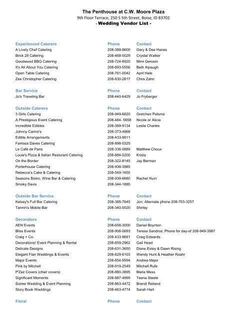 2013 Wedding Vendor List The Penthouse At Cw Moore Plaza