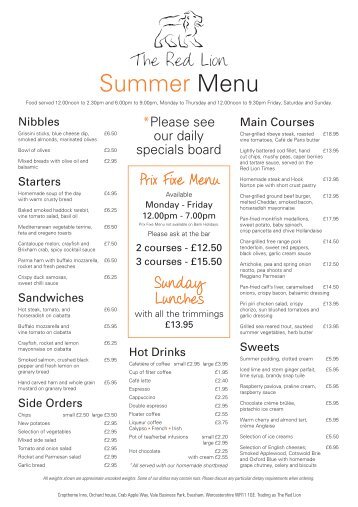 Summer Menu - The Red Lion, Long Compton