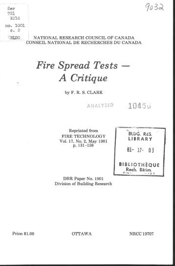 Fire spread tests - a critique - National Research Council Canada