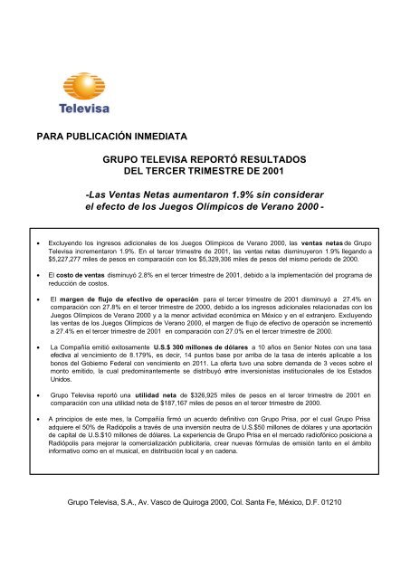 PARA PUBLICACIÓN INMEDIATA GRUPO TELEVISA REPORTÓ ...