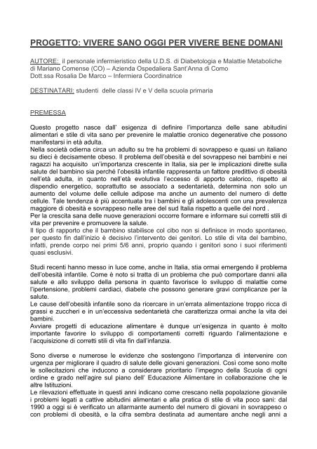 PROGETTO: VIVERE SANO OGGI PER VIVERE BENE ... - Ipasvi