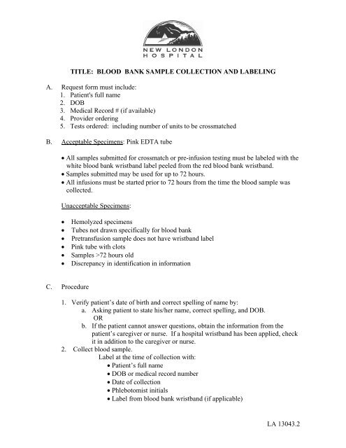 La 2 Title Blood Bank Sample Collection And La 2 Title Blood Bank Sample Collection And