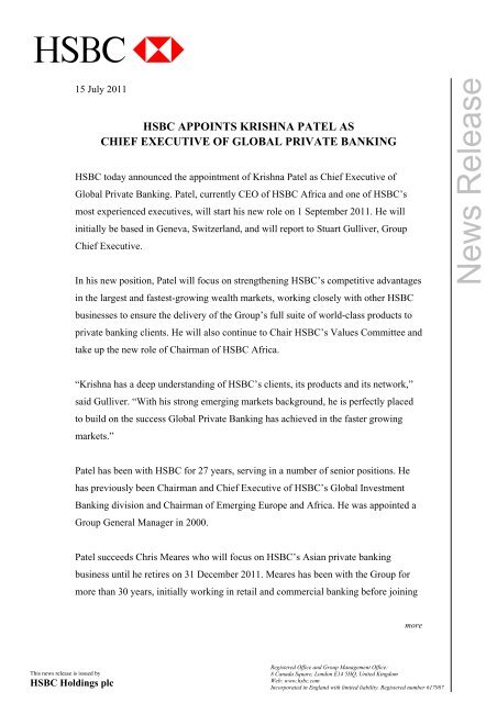 Hsbc Appoints Krishna Patel As Chief Executive Of