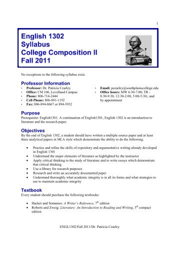 English 1302 Syllabus College Composition II Fall 2011