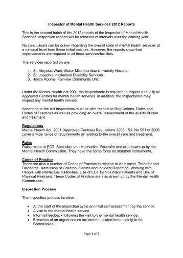 2012 Summary of Inspection Reports - Mental Health Commission