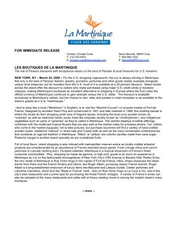 FOR IMMEDIATE RELEASE LES BOUTIQUES DE LA MARTINIQUE