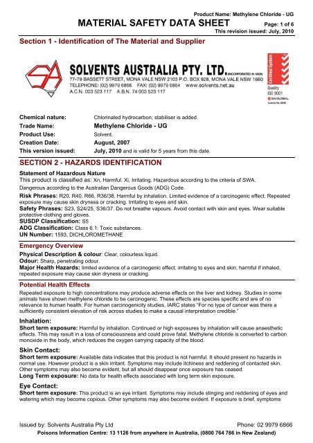 Methylene Chloride - UG - Solvents Australia