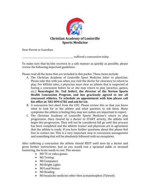 Parent Concussion Letter - Christian Academy School System