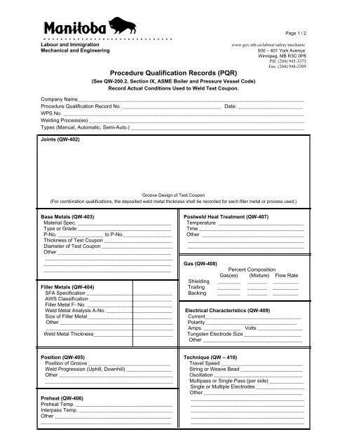 Procedure Qualification Records (PQR) Form