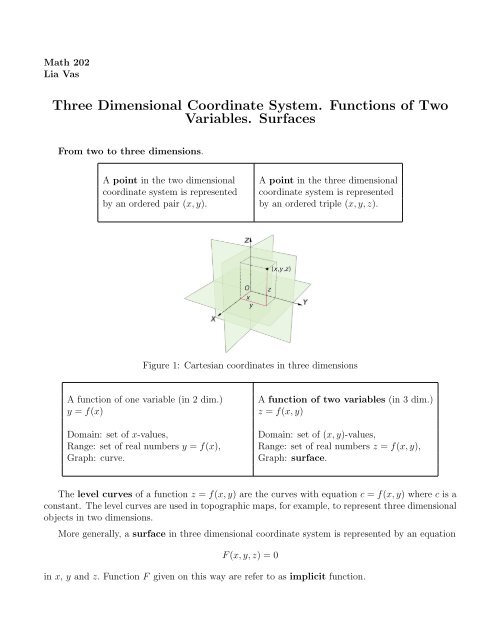 Three Dimensional Coordinate System. Functions of Two Variables ...