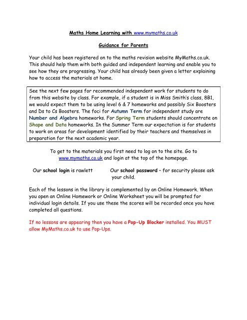 Maths Home Learning Intro Page The Rawlett School