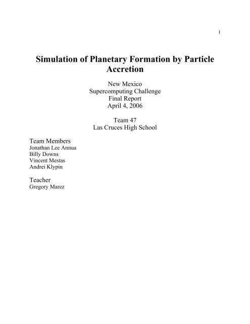 Simulation of Planetary Formation by Particle Accretion - The ...