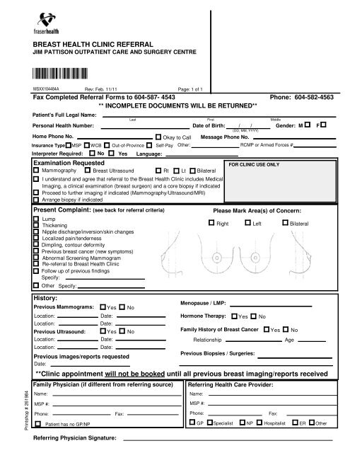 Breast Health Clinic Referral Form - Physician