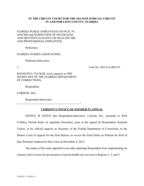 Corizon's Notice of Appeal - Meyer, Brooks, Demma and Blohm, PA