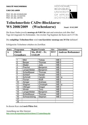 Teilnehmerliste CADw-Blockkurse: WS 2008/2009 (Wochenkurse ...