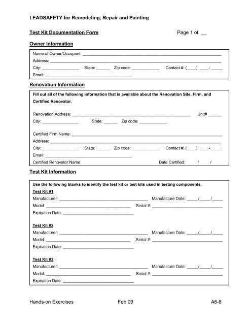 Test Kit Documentation Form - Division of Air Quality