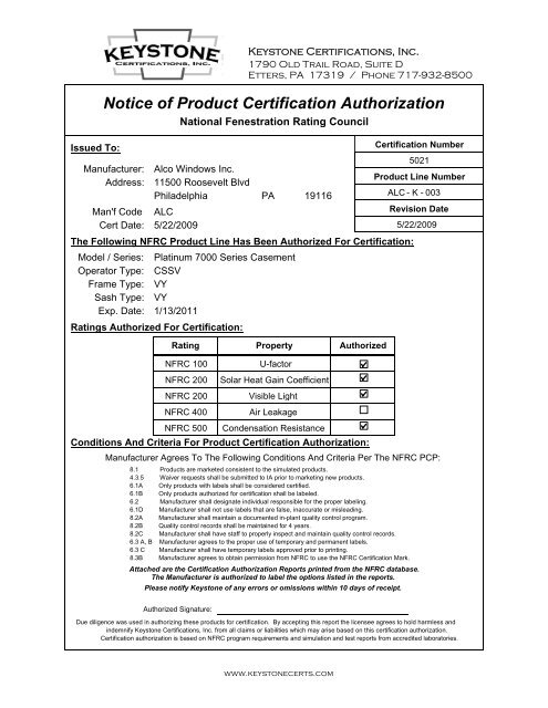 Notice of Product Certification Authorization - ALCO Windows