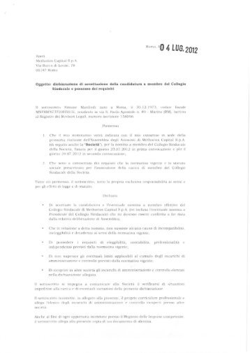 Documentazione candidatura membro Collegio Sindacale