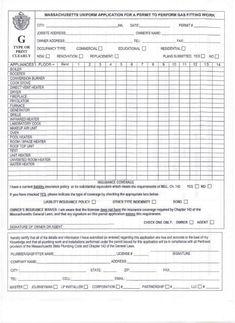 Application to Perform Gas Fitting - Bellingham Massachusetts